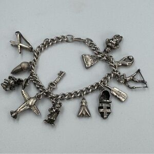 Vintage Sterling Silver Charm Bracelet Ironing Board Acorn Fly Cone 7” 13 Charms